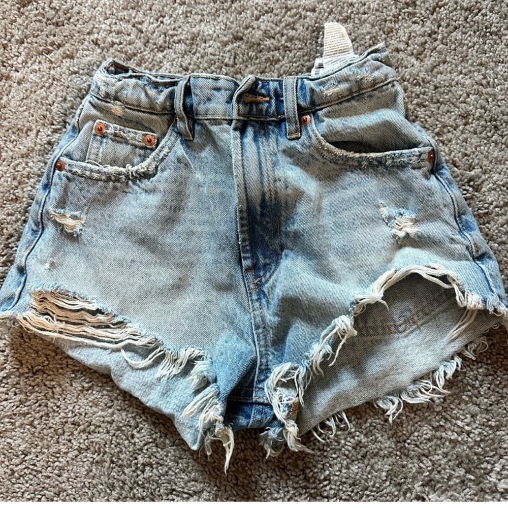 Zara Blue Jean Shorts Distressed High-Waisted